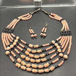 Faux coral layered necklace, earrings